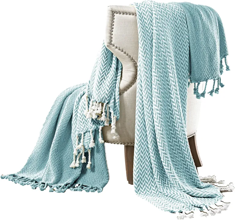 Montgeron Herringbone Cotton Throw The Urban Port, Set of 2, Aqua Blue and White Photo 1