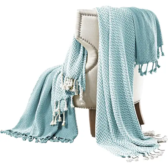 Montgeron Herringbone Cotton Throw The Urban Port, Set of 2, Aqua Blue and White Photo 1