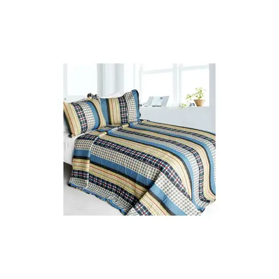 Mr. Curiosity -  Cotton 3PC Vermicelli-Quilted Striped Printed Quilt Set (Full/Queen Size) Photo 2