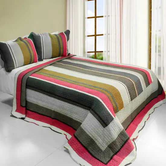 Multicolor Stripe -  Cotton 3PC Vermicelli-Quilted Printed Quilt Set (Full/Queen Size) Photo 1