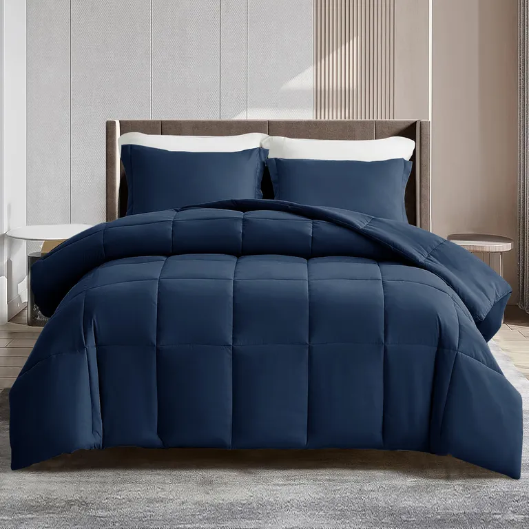 Navy Blue  Box Stitch Microfiber Down Alternative Comforter Photo 5