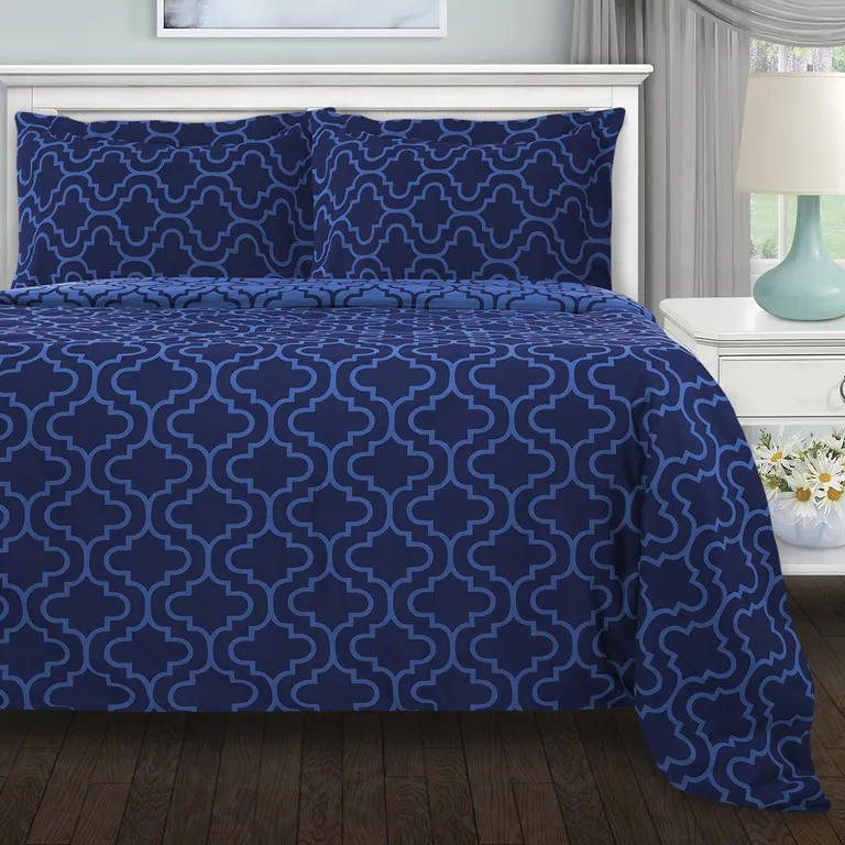 Navy Blue Cotton Blend Thread Count Washable Duvet Cover Set Photo 4