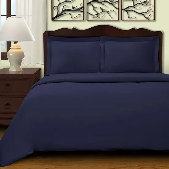 Navy Blue King Cotton Blend 400 Thread Count Washable Duvet Cover Set Photo 3