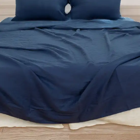 Navy Blue Linen Full Double Fitted sheet Photo 7