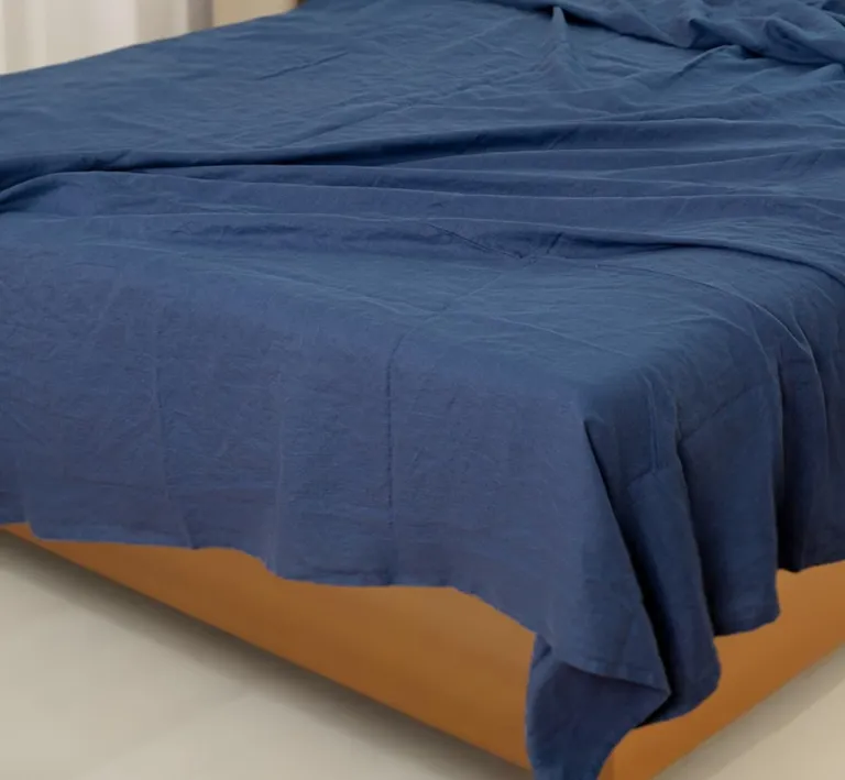 Navy Blue Linen Full Double Fitted sheet Photo 2