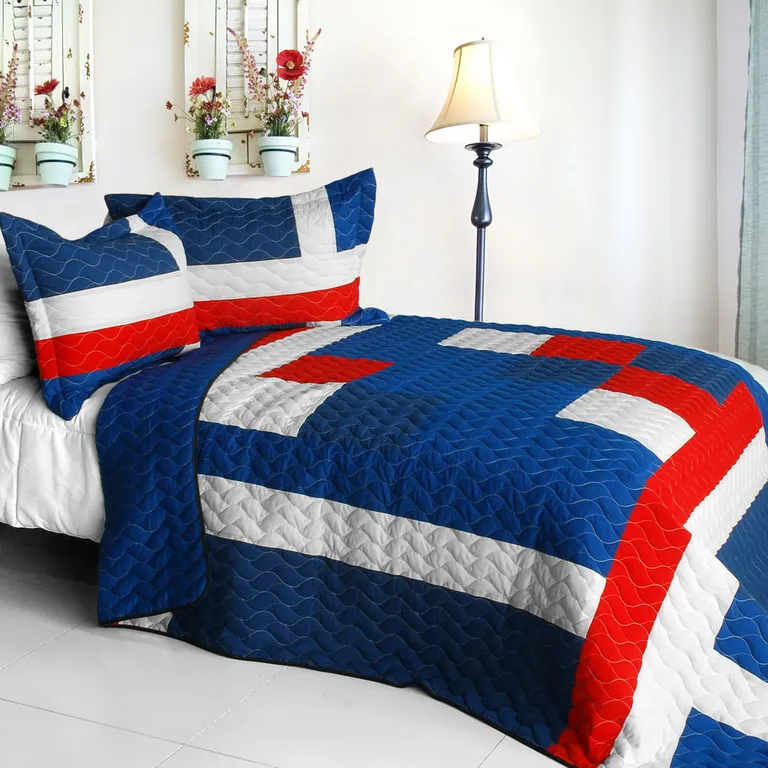 Navy - Vermicelli-Quilted Patchwork Geometric Quilt Set Full/Queen Photo 1