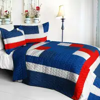 Photo of Navy - Vermicelli-Quilted Patchwork Geometric Quilt Set Full/Queen