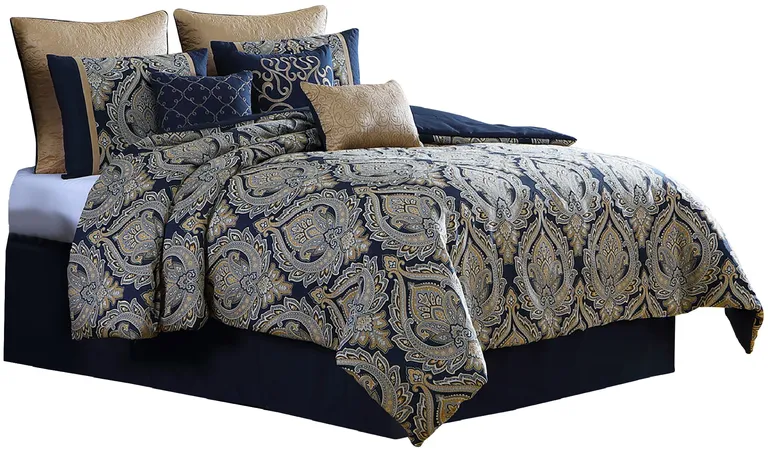 Nova 9 Piece Polyester Queen Comforter Set, Gold Damask Print, Navy Blue Photo 2