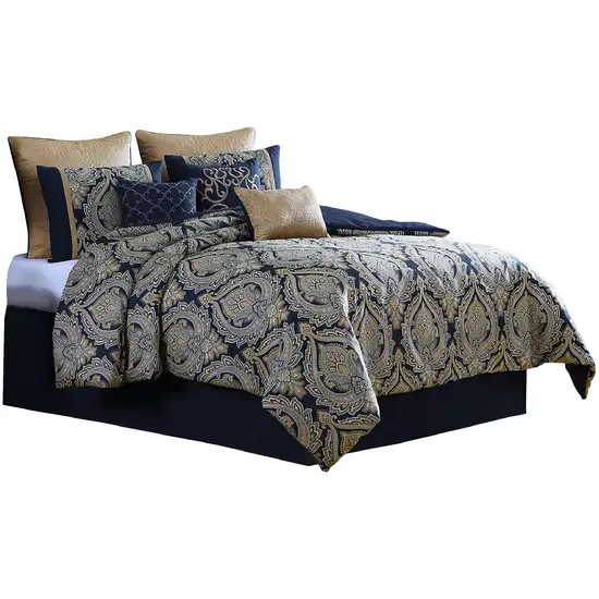 Nova 9 Piece Polyester Queen Comforter Set, Gold Damask Print, Navy Blue Photo 2