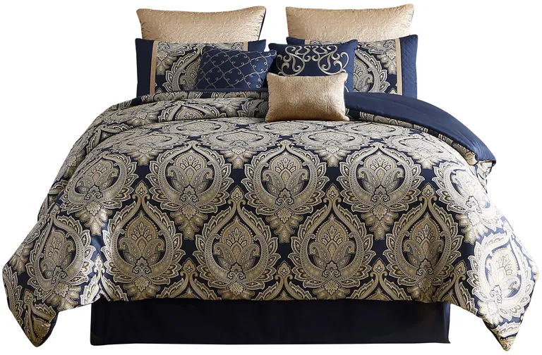 Nova 9 Piece Polyester Queen Comforter Set, Gold Damask Print, Navy Blue Photo 1