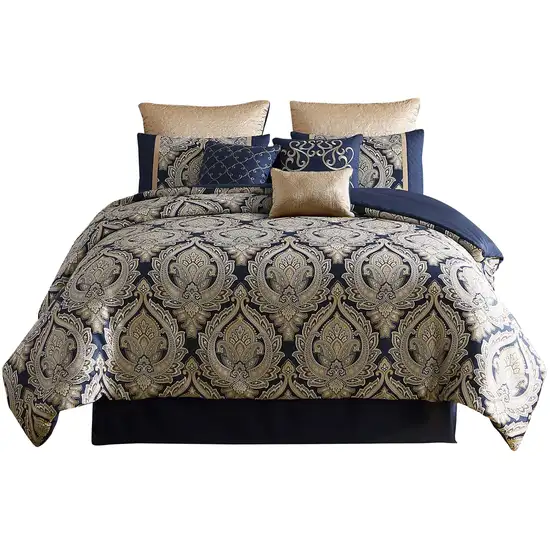 Nova 9 Piece Polyester Queen Comforter Set, Gold Damask Print, Navy Blue Photo 1