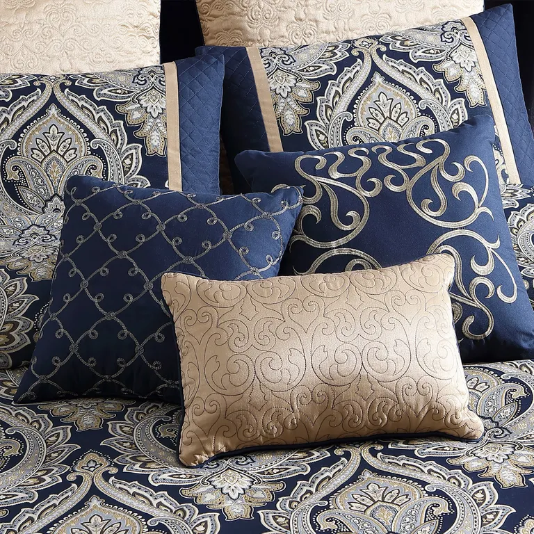 Nova 9 Piece Polyester Queen Comforter Set, Gold Damask Print, Navy Blue Photo 4