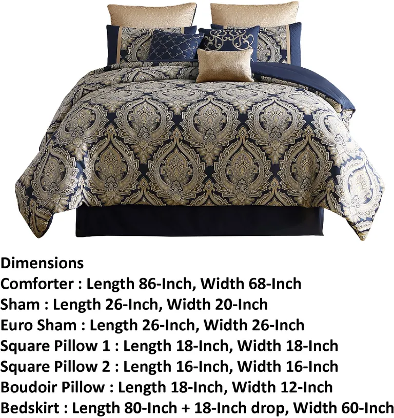 Nova 9 Piece Polyester Queen Comforter Set, Gold Damask Print, Navy Blue Photo 5