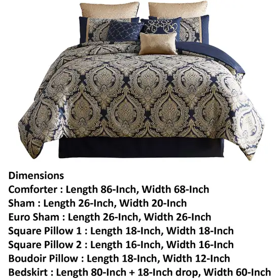 Nova 9 Piece Polyester Queen Comforter Set, Gold Damask Print, Navy Blue Photo 5