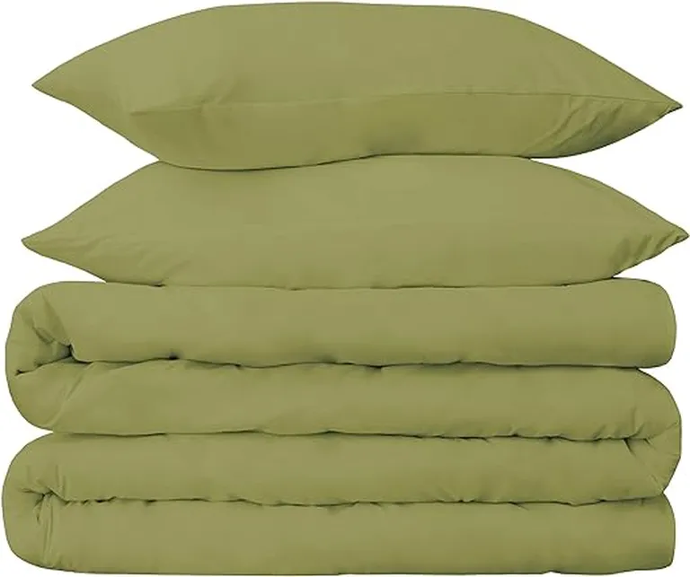 Olive Green Queen Cotton Blend 650 Thread Count Washable Duvet Cover Set Photo 1