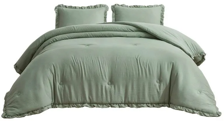 Oversized King Sage Microfiber 3-Piece Comforter Set with Ruffled Edge Trim Photo 1