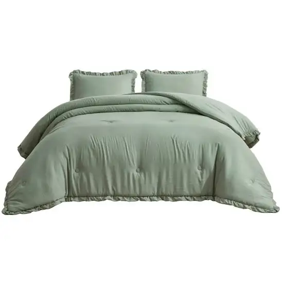 Oversized King Sage Microfiber 3-Piece Comforter Set with Ruffled Edge Trim Photo 1