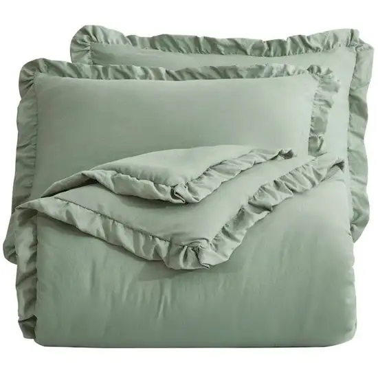 Oversized King Sage Microfiber 3-Piece Comforter Set with Ruffled Edge Trim Photo 2