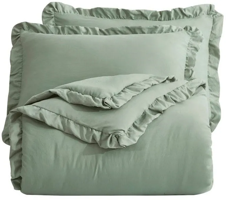 Oversized King Sage Microfiber 3-Piece Comforter Set with Ruffled Edge Trim Photo 2