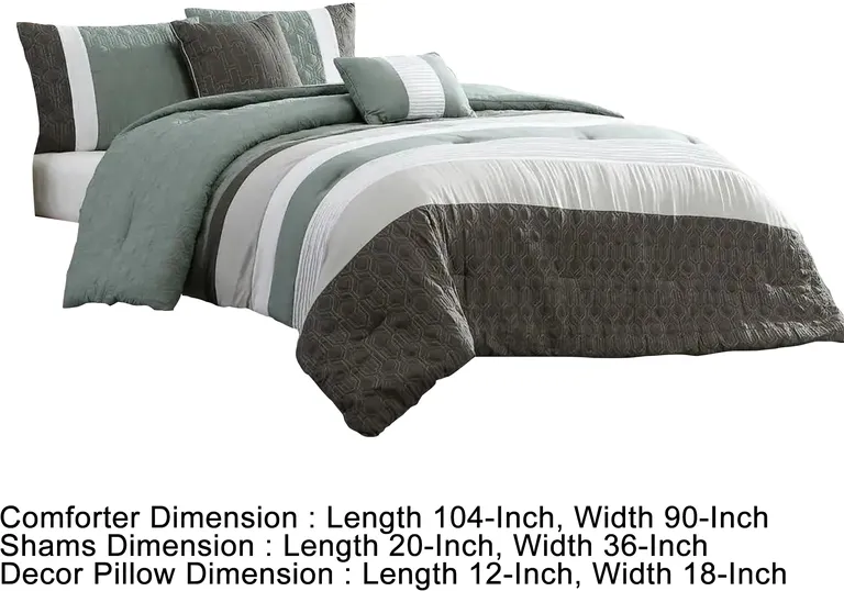 Owen 5 Piece King Comforter Set, The Urban Port, Striped White, Green, Gray Photo 5