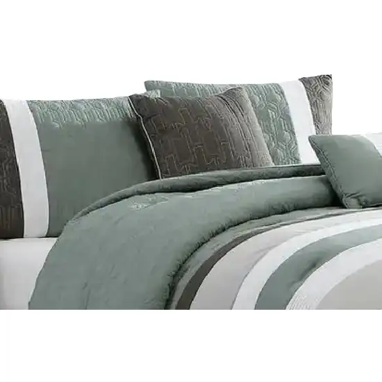 Owen 5 Piece King Comforter Set, The Urban Port, Striped White, Green, Gray Photo 2