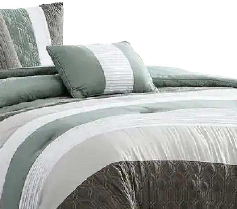 Owen 5 Piece King Comforter Set, The Urban Port, Striped White, Green, Gray Photo 3