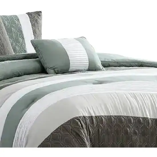 Owen 5 Piece King Comforter Set, The Urban Port, Striped White, Green, Gray Photo 3