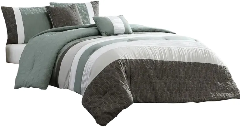 Owen 5 Piece King Comforter Set, The Urban Port, Striped White, Green, Gray Photo 1