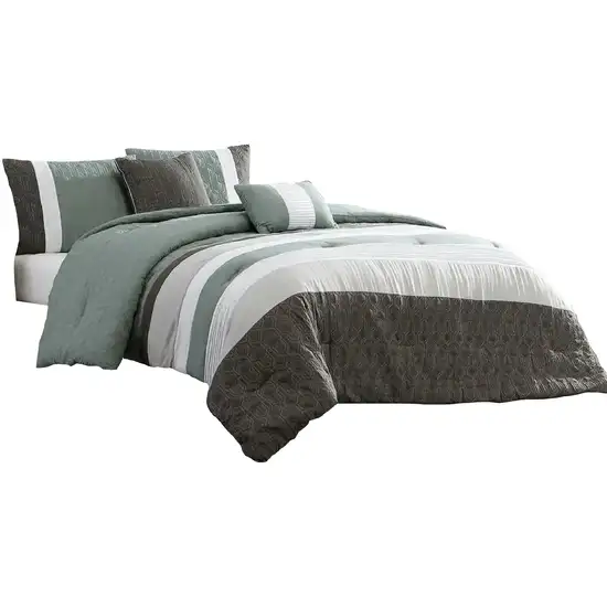 Owen 5 Piece King Comforter Set, The Urban Port, Striped White, Green, Gray Photo 1