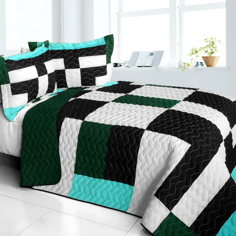 Pearl Turquoise - 3PC Vermicelli - Quilted Patchwork Quilt Set (Full/Queen Size) Photo 1