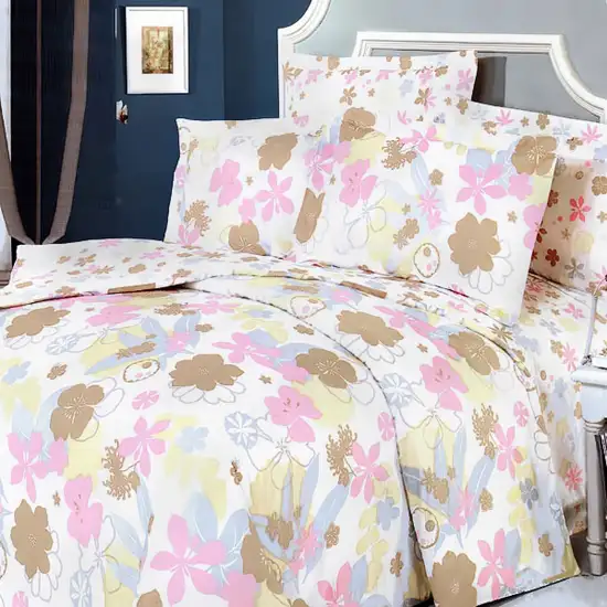 Pink Brown Flowers -  100% Cotton 5PC Comforter Set (Queen Size) Photo 1