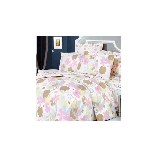 Pink Brown Flowers -  100% Cotton 4PC Duvet Cover Set (King Size) Photo Swatch