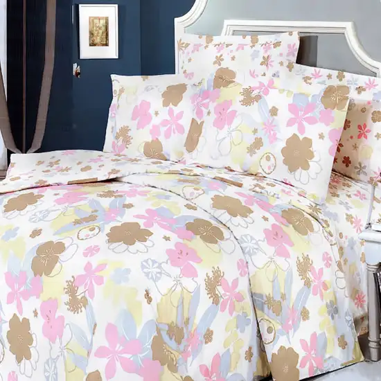 Pink Brown Flowers -  100% Cotton 4PC Duvet Cover Set (Queen Size) Photo