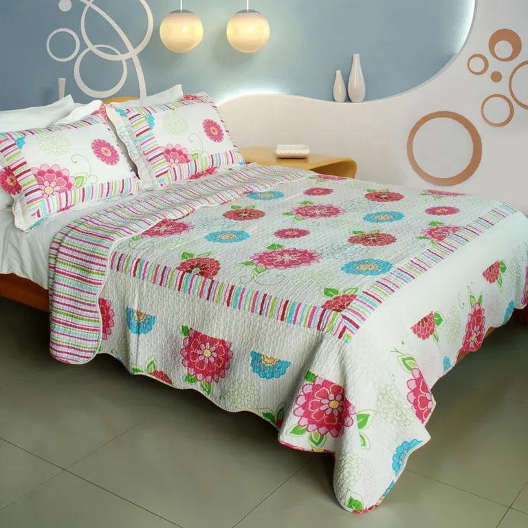 Pink Fairy Tale - 100% Cotton 3PC Vermicelli-Quilted Patchwork Quilt Set (Full/Queen Size) Photo 1