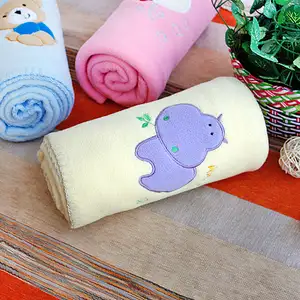 Photo of Purple Hippo - Yellow - Embroidered Applique Coral Fleece Baby Throw Blanket (29.5 by 39.4 inches)