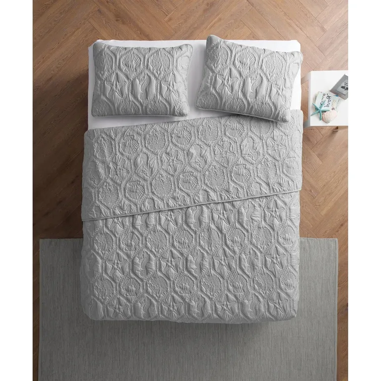 Queen Coastal Beach Embossed Starfish Seashell Seahorse Grey 3-Piece Quilt Set Photo 3