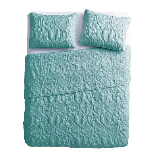 Queen Coastal Beach Starfish Seashell Seahorse Aqua Blue Teal 3-Piece Quilt Set Photo 4