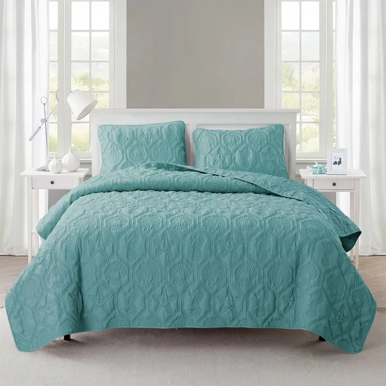 Queen Coastal Beach Starfish Seashell Seahorse Aqua Blue Teal 3-Piece Quilt Set Photo 1