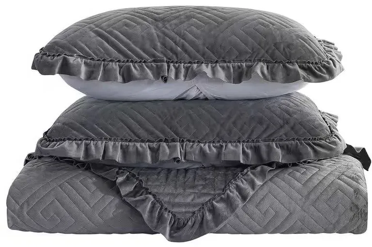 Queen Gray Charcoal Velvet Microfiber Polyester Reversible 3-Piece Quilt Set Photo 2