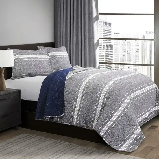 Queen Gray Navy Stripe Motif 100% Cotton Reversible Quilt Coverlet Bedspread Set Photo 1