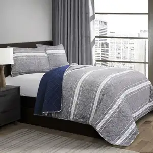 Photo of Queen Gray Navy Stripe Motif 100% Cotton Reversible Quilt Coverlet Bedspread Set