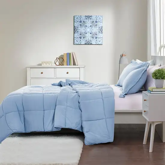 Queen Size Blue 3 Piece Microfiber Reversible Comforter Set Photo 2