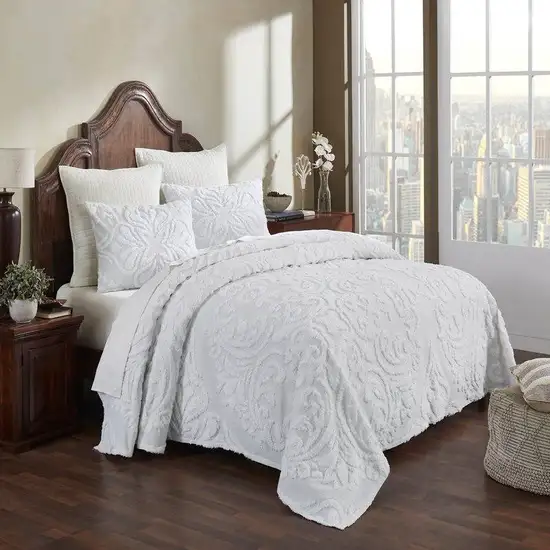 Queen Size OverSized 100% Cotton Chenille 3 PCS Coverlet Bedspread Set in White Photo 1