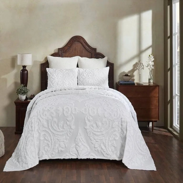 Queen Size OverSized 100% Cotton Chenille 3 PCS Coverlet Bedspread Set in White Photo 2