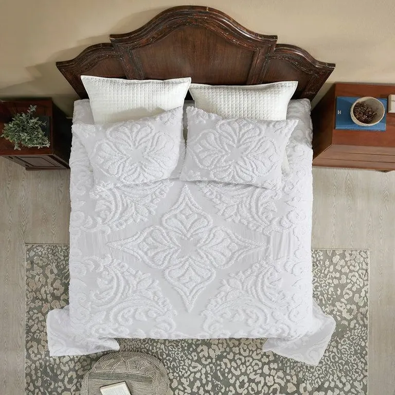 Queen Size OverSized 100% Cotton Chenille 3 PCS Coverlet Bedspread Set in White Photo 3