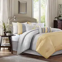 Photo of Queen Size 7 Piece Bed In A Bag Comforter Set Faux Silk Yellow Gray Stripes