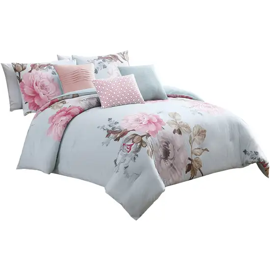 Queen Size 7 Piece Fabric Comforter Set with Floral Prints Photo 4