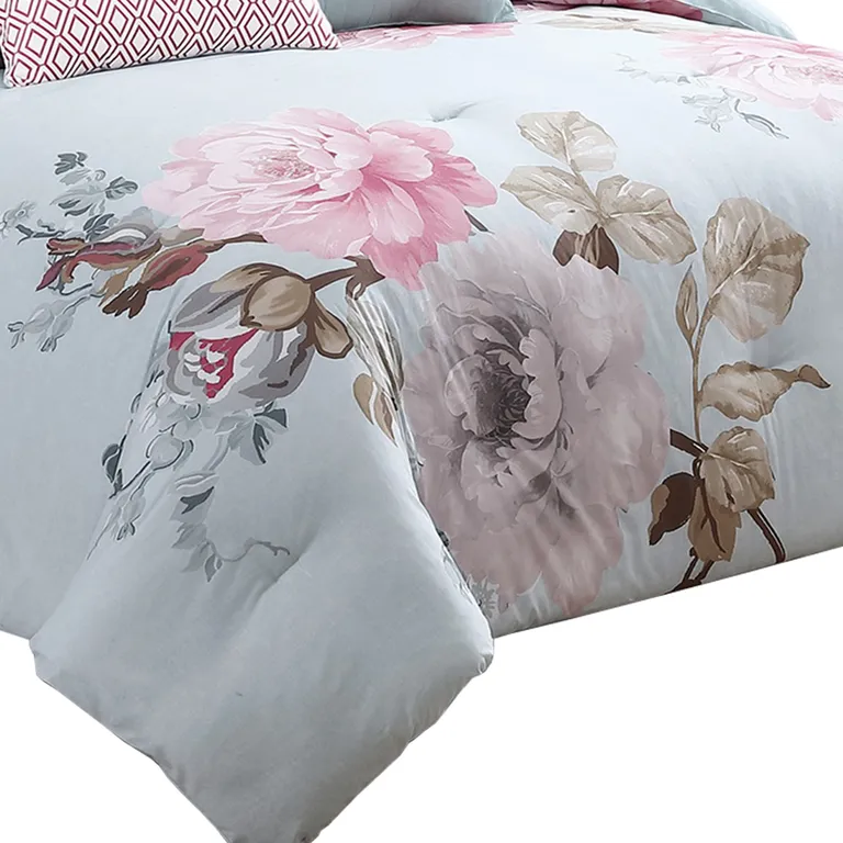 Queen Size 7 Piece Fabric Comforter Set with Floral Prints Photo 3