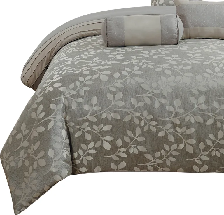 Queen Size 7 Piece Fabric Comforter Set with Leaf Prints Photo 5