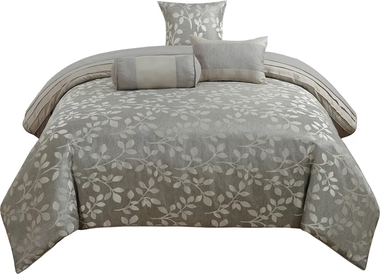 Queen Size 7 Piece Fabric Comforter Set with Leaf Prints Photo 1